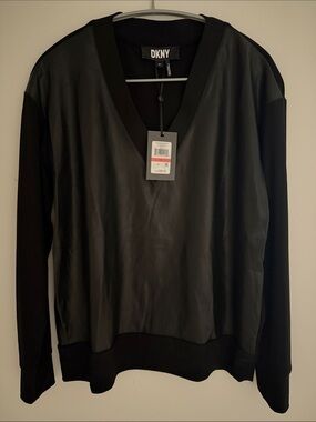 DKNY Beautiful black sweater with black leather front ,new with tag